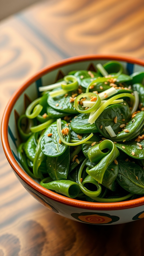 A bowl of Japanese spinach salad with sesame dressing and sesame seeds, garnished with green onions.